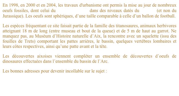 En 1998, en 2000 et en 2004, les travaux d'urbanisme ont permis la mise au jour de nombreux oeufs fossiles, dont celui du Cairannoolithus dans des niveaux datés du Crétacé (et non du Jurassique). Les oeufs sont sphériques, d’une taille comparable à celle d’un ballon de football.  
Les espèces fréquentant ce site faisait partie de la famille des titanosaures, animaux herbivores atteignant 18 m de long (entre museau et bout de la queue) et de 5 m de haut au garrot. Ne manquez pas, au Muséum d’Histoire naturelle d’Aix, la rencontre avec un squelette (issu des fouilles de Trets) comportant les pattes arrières, le bassin, quelques vertèbres lombaires et leurs côtes respectives, ainsi qu’une patte avant et la tête. 
Les découvertes aixoises viennent compléter un ensemble de découvertes d’oeufs de dinosaures effectuées dans l’ensemble du bassin de l’Arc. 
Les bonnes adresses pour devenir incollable sur le sujet :
http://www.geocities.com/phkerourio/chronolo1.htm
http://webfossiles.free.fr/aix.htm